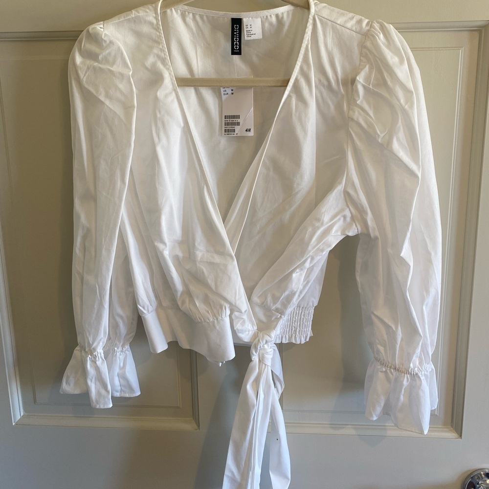 NWT - H&M Wrap Cotton White Poplin Top